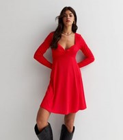 New Look Red Ribbed Sweetheart Neck Long Sleeve Twist Front Mini Dress